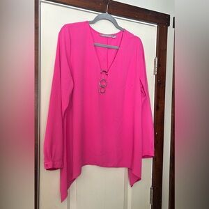 Bright Pink Women's Long-Sleeve V-Neck Tunic with Ring Detail Size XL